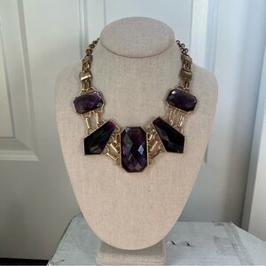 Deep wine purple faux stone crystal collar bib necklace bold statement gold tone
